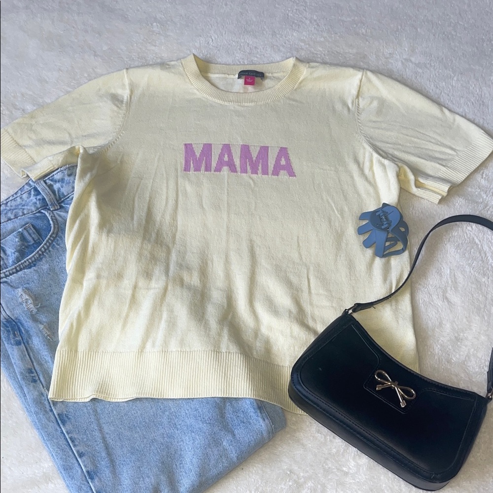 Vince Camuto Pale Yellow Short-Sleeve 'MAMA' Knit Tee with Pink Logo